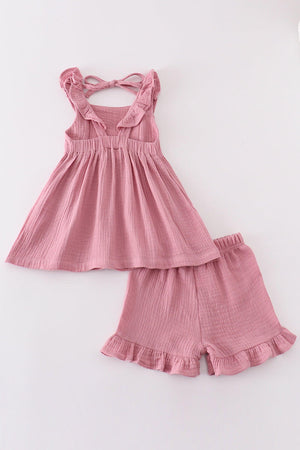 Girls Dusty Rose Muslin Ruffle Shorts Set | 100% Cotton