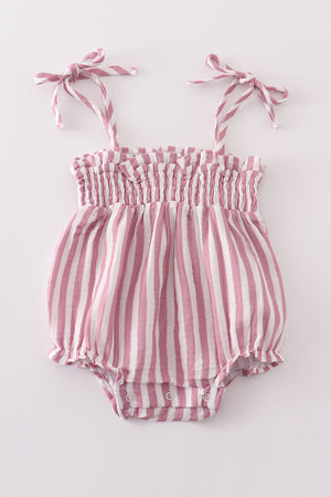 Baby Girl Dusty Rose Muslin Stripe Smocked Bubble | 100% Cotton