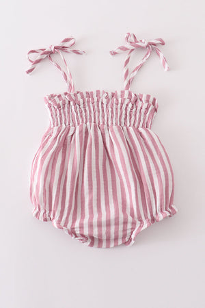 Baby Girl Dusty Rose Muslin Stripe Smocked Bubble | 100% Cotton