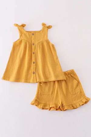 Baby & Toddler Mustard Muslin Bow Shorts Set | 100% Cotton