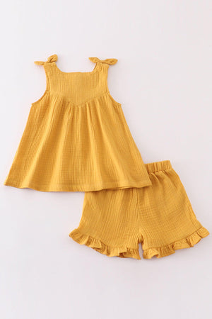 Baby & Toddler Mustard Muslin Bow Shorts Set | 100% Cotton