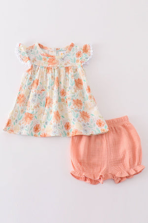 Baby Girl Floral Leaves Muslin Ruffle Bloomer Set | 100% Cotton