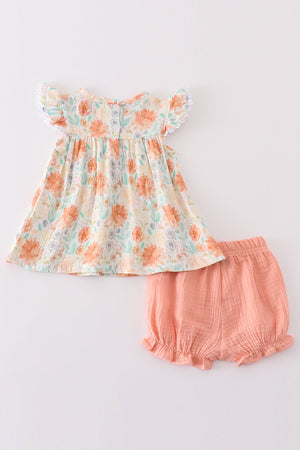 Baby Girl Floral Leaves Muslin Ruffle Bloomer Set | 100% Cotton