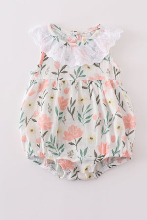 Baby Girl Peach Muslin Floral Bubble | 100% Cotton