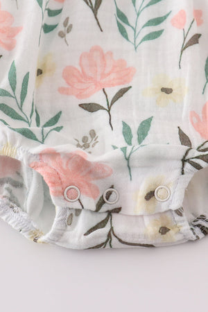 Baby Girl Peach Muslin Floral Bubble | 100% Cotton