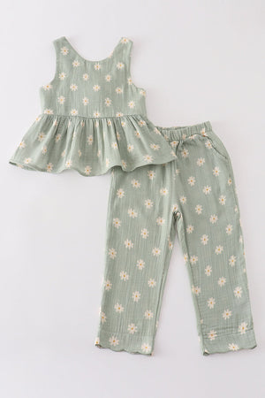 Baby & Toddler Girl Sage Muslin Daisy Spring Set | 100% Cotton