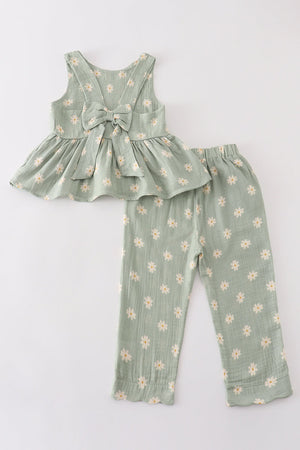 Baby & Toddler Girl Sage Muslin Daisy Spring Set | 100% Cotton