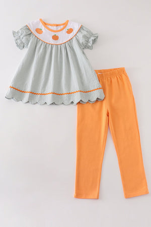 Evie's Sage Pumpkin Embroidered | 2 Piece Pants Set  | 100% Cotton