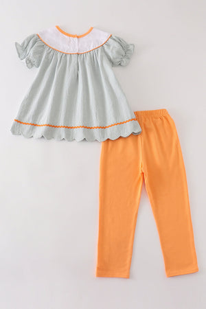 Evie's Sage Pumpkin Embroidered | 2 Piece Pants Set  | 100% Cotton