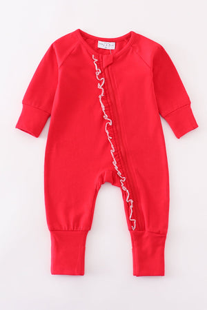 Baby Girl Red Ruffle Zip pajamas Romper  | Cotton