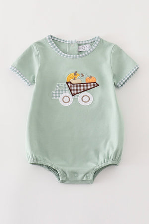 Baby Boy Sage Truck Pumpkin Embroidered Bubble  | Cotton