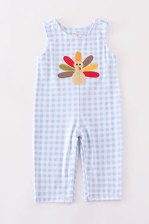 Baby Boy Blue Turkey Embroidered Plaid Jon Jon  | Cotton