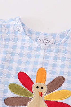 Baby Boy Blue Turkey Embroidered Plaid Jon Jon  | Cotton