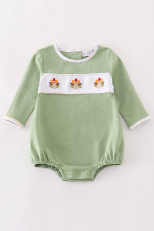 Baby Boy Sage Green Turkey Embroidered Long-Sleeve Bubble  | Cotton