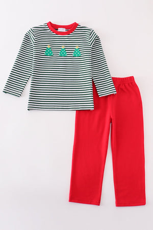 Boy's Green Stripe Christmas Tree Applique Long-Sleeve Pants Set