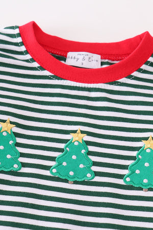 Boy's Green Stripe Christmas Tree Applique Long-Sleeve Pants Set