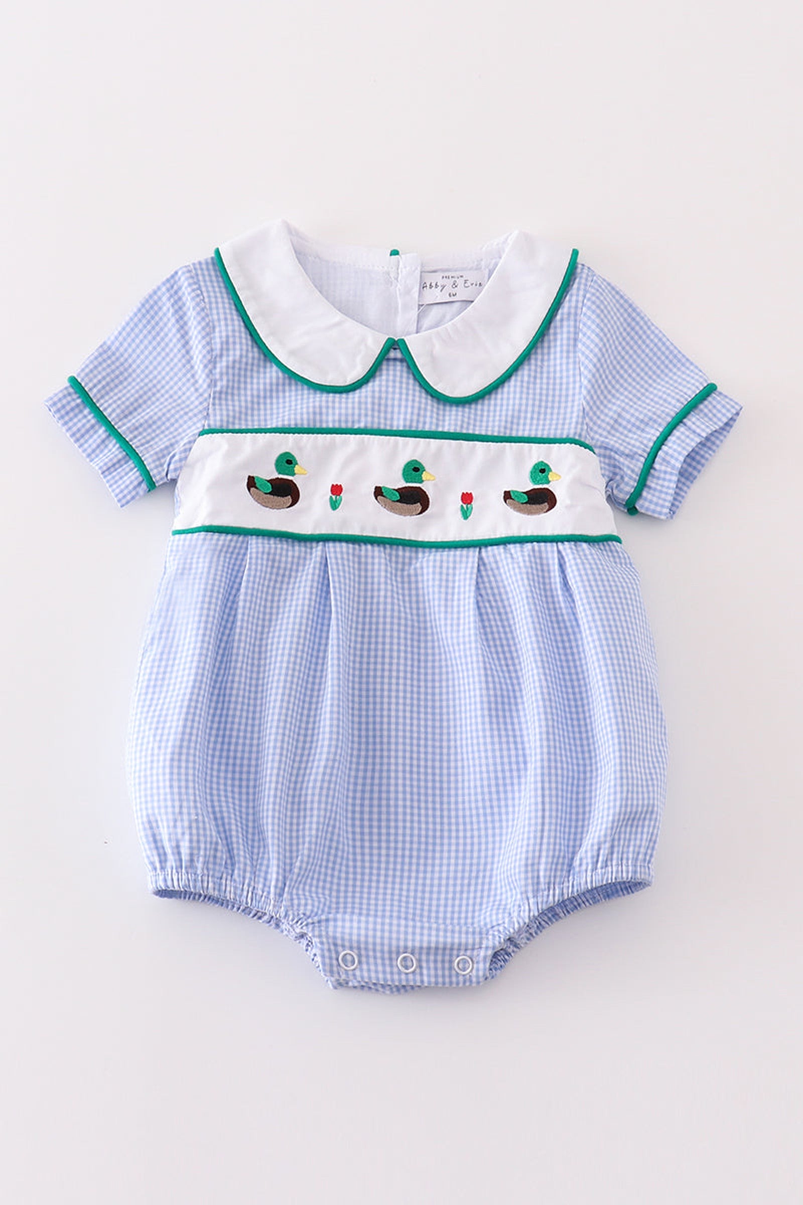 Baby Boy Blue Duck Embroidered Gingham Bubble | 100% Cotton