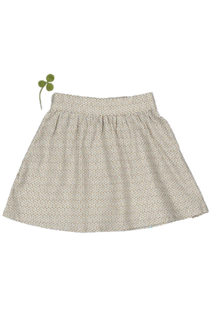 A light beige cotton skirt features a delicate leaf print and a green decorative bow. This dressy skirt is perfect for toddlers and kids, adding elegance to any outfit.