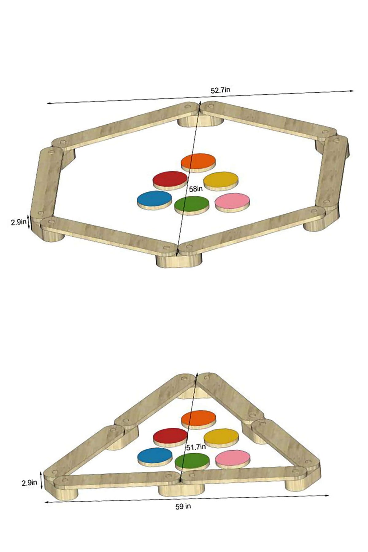 A wooden balance beam and stepping stones set features a hexagonal and triangular design, showcasing colorful stones in vibrant hues. The construction emphasizes sustainable materials for safe, imaginative play.