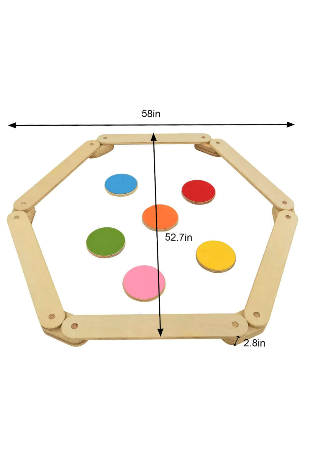 A hexagonal wooden frame with colorful circular stepping stones in red, green, pink, orange, and yellow. The durable construction promotes engaging play for children while encouraging balance and coordination.