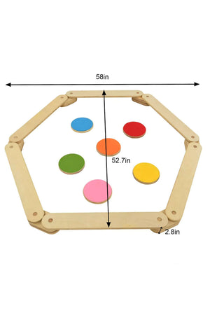 A hexagonal wooden frame with colorful circular stepping stones in red, green, pink, orange, and yellow. The durable construction promotes engaging play for children while encouraging balance and coordination.