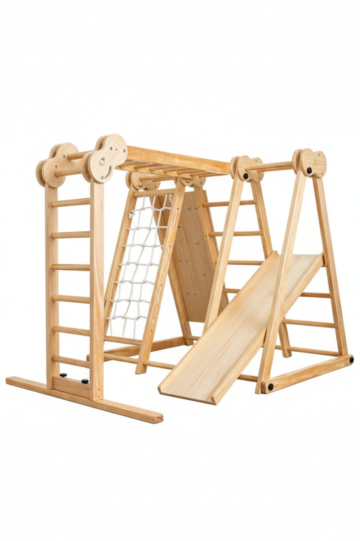Wooden jungle gym for toddlers with slide, climbing net, and ladder; Montessori-inspired design, ideal for indoor play.