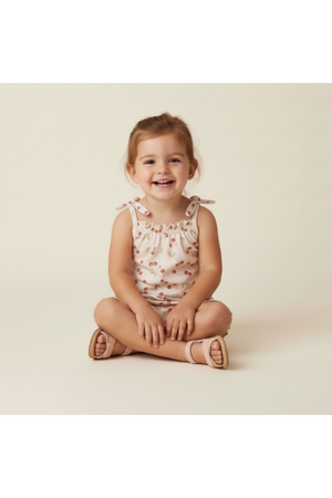 A smiling young girl sits cross-legged, wearing a light-colored ruffle jumpsuit with a floral print. The outfit features adjustable straps and is made from soft, organic cotton for comfort.