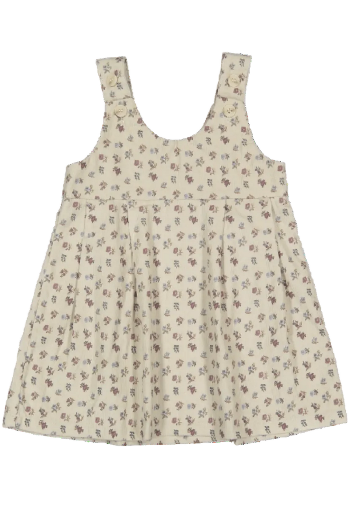A cream-colored corduroy dress with a floral print features adjustable straps and a flared skirt, accompanied by a matching headband. Ideal for toddlers and kids, it combines style and comfort.