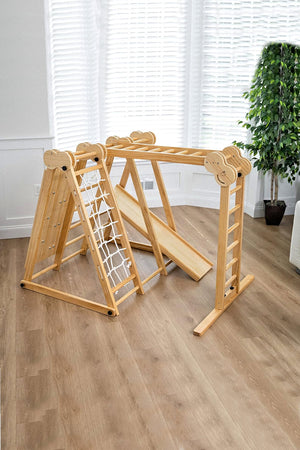 Wooden jungle gym with climbing ladder and slide in a bright room, featuring natural wood flooring and greenery.
