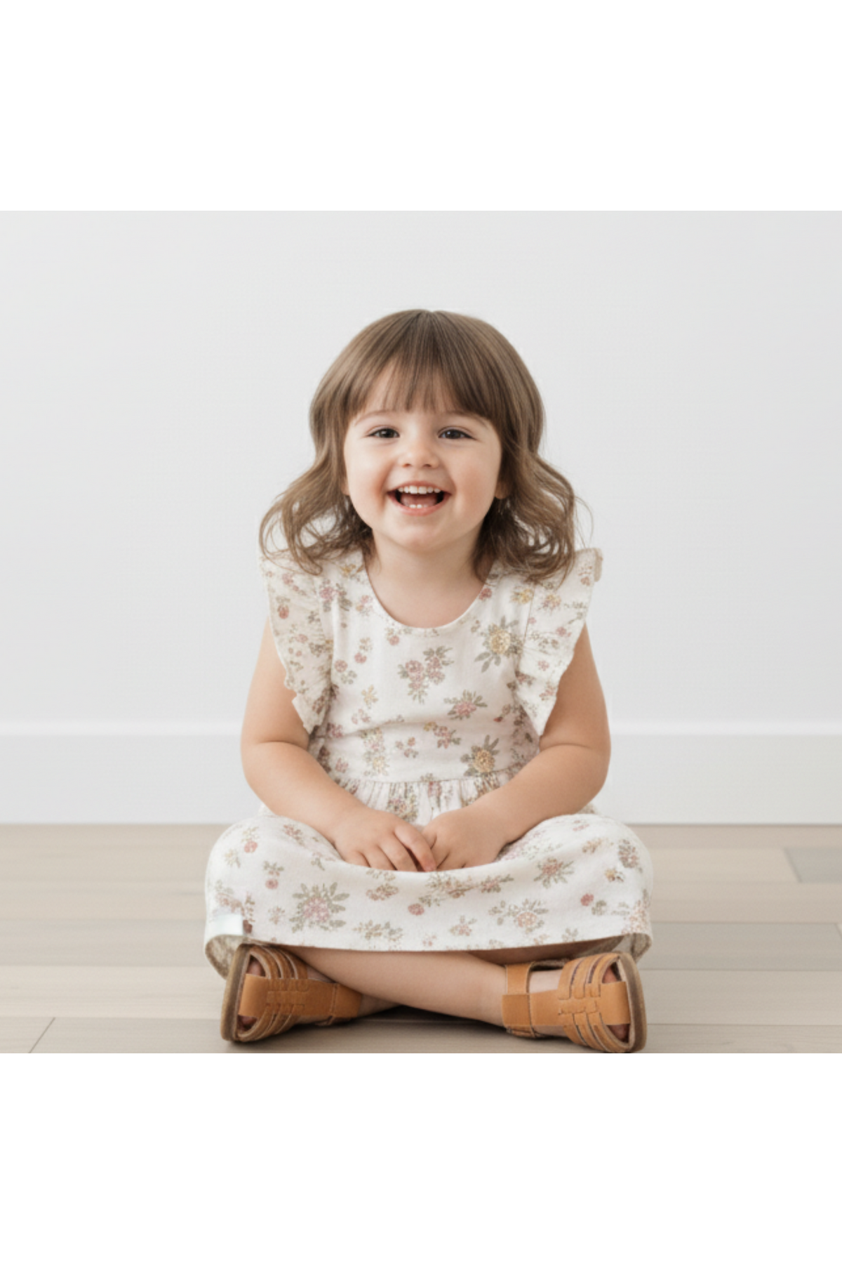 A young girl with a joyful smile sits on a light wooden floor, wearing a white organic cotton dress adorned with delicate floral patterns and flutter sleeves.