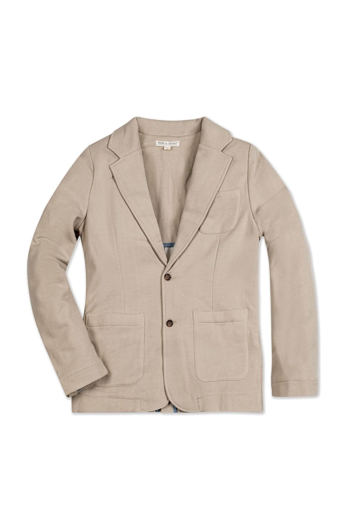 A taupe cotton fleece blazer features a notched lapel, faux horn buttons, and front patch pockets. This stylish piece is perfect for both casual and dressy occasions.