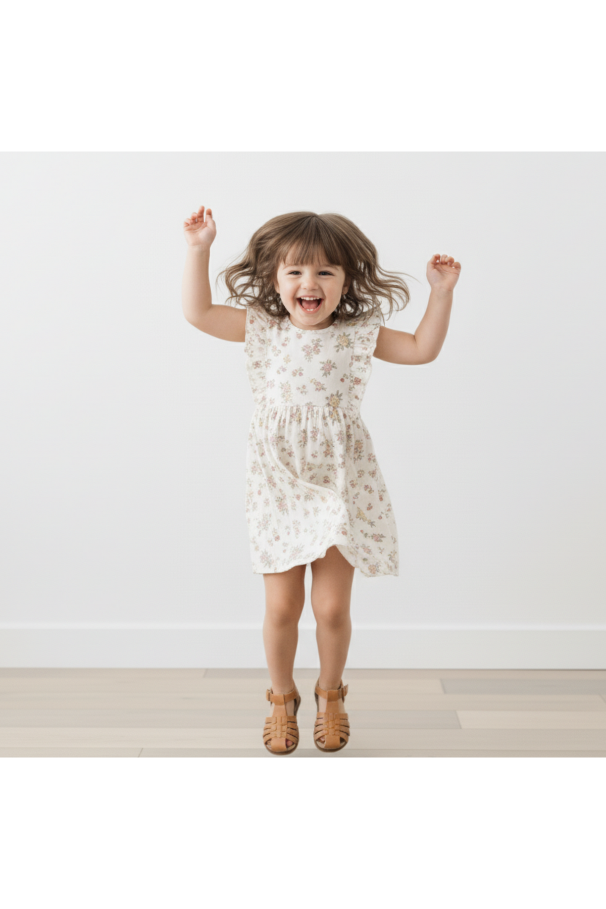 A joyful young girl wearing a floral organic cotton dress jumps with excitement. The dress features flutter sleeves and a light, playful design, perfect for a cheerful day.