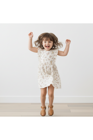 A joyful young girl wearing a floral organic cotton dress jumps with excitement. The dress features flutter sleeves and a light, playful design, perfect for a cheerful day.