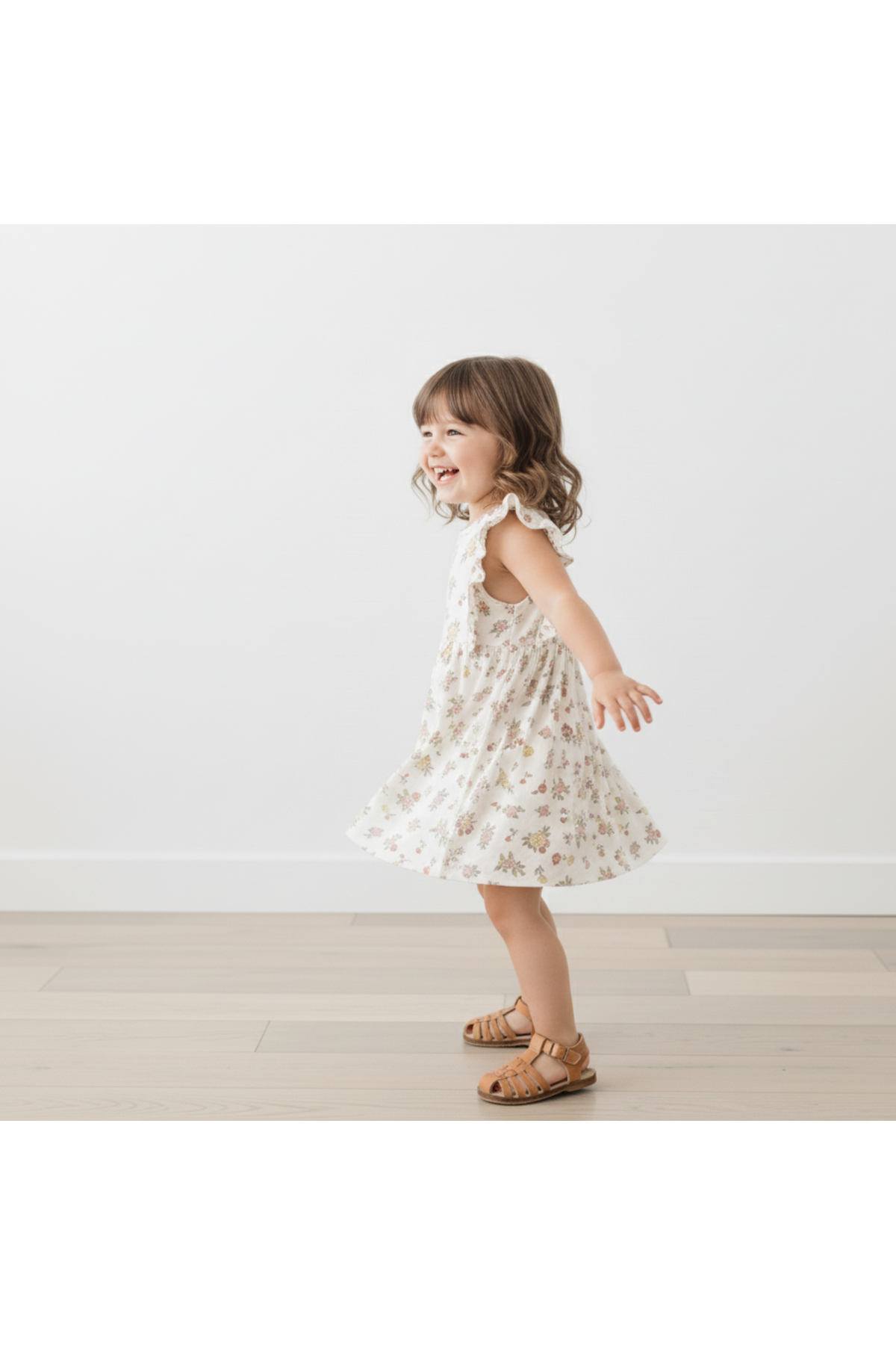 A joyful toddler twirls in a floral-patterned flutter dress made from organic fabric. The dress features ruffled sleeves and is styled with brown sandals, set against a light, neutral background.