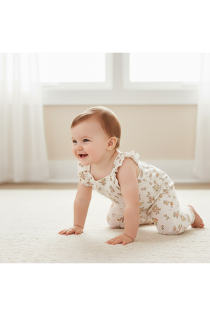 A smiling baby crawls on a soft carpet, wearing a floral-patterned organic cotton romper with delicate flutter sleeves. The bright, airy room features large windows.