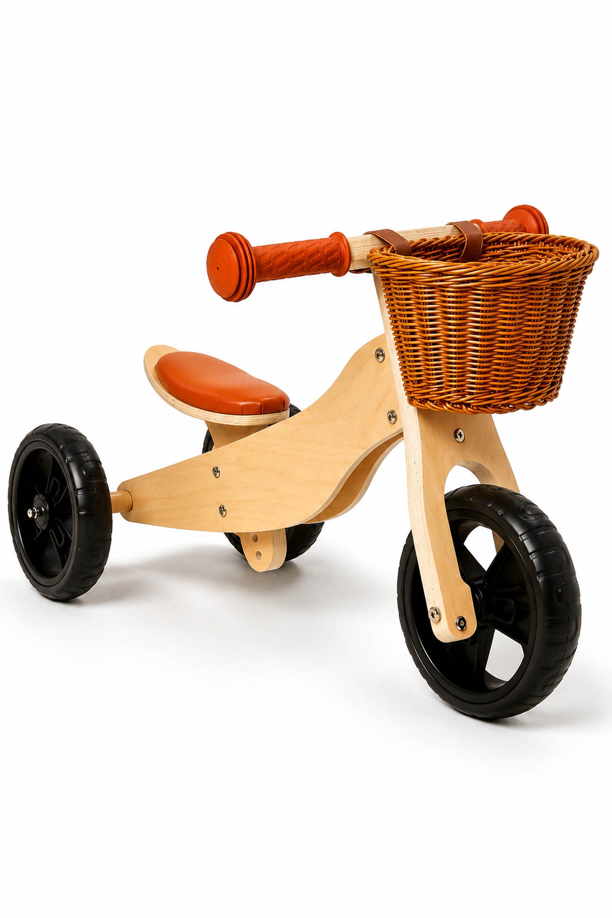 A lightweight 2-in-1 wooden balance bike features a sturdy design with a brown basket, orange seat, and black wheels.