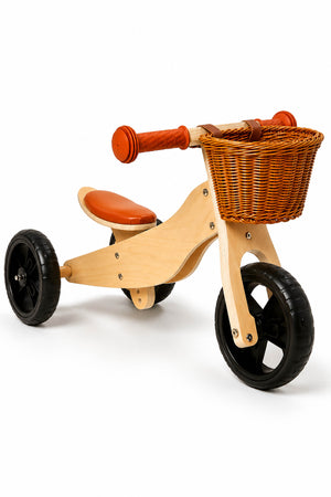 A lightweight 2-in-1 wooden balance bike features a sturdy design with a brown basket, orange seat, and black wheels.