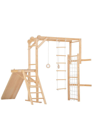 Natural wood foldable jungle gym playset featuring a slide, climbing ladder, monkey bars, and rings. Designed for toddlers and kids, it offers safe, engaging play while conserving space.