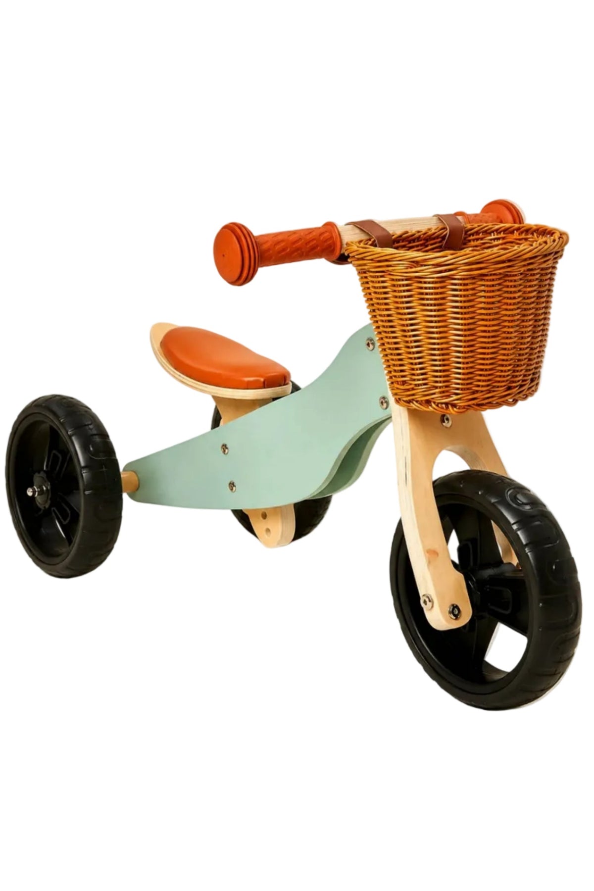 A lightweight, 2-in-1 mini wooden balance bike features a teal frame, orange seat, and a woven basket.