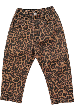 Leopard print cotton jeans featuring a relaxed barrel leg fit, designed for kids. These stylish pants combine comfort and playful design, perfect for everyday adventures and exploration.