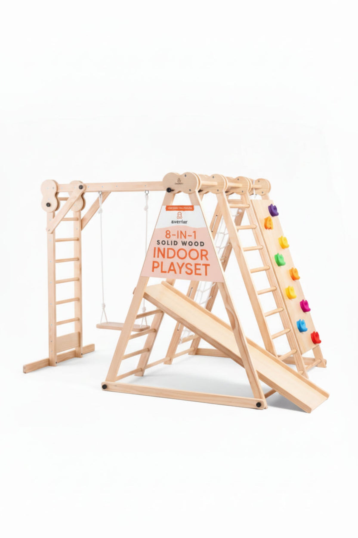 Wooden 8-in-1 indoor playset with ladder, slide, swing, and colorful climbing holds, ideal for toddlers.