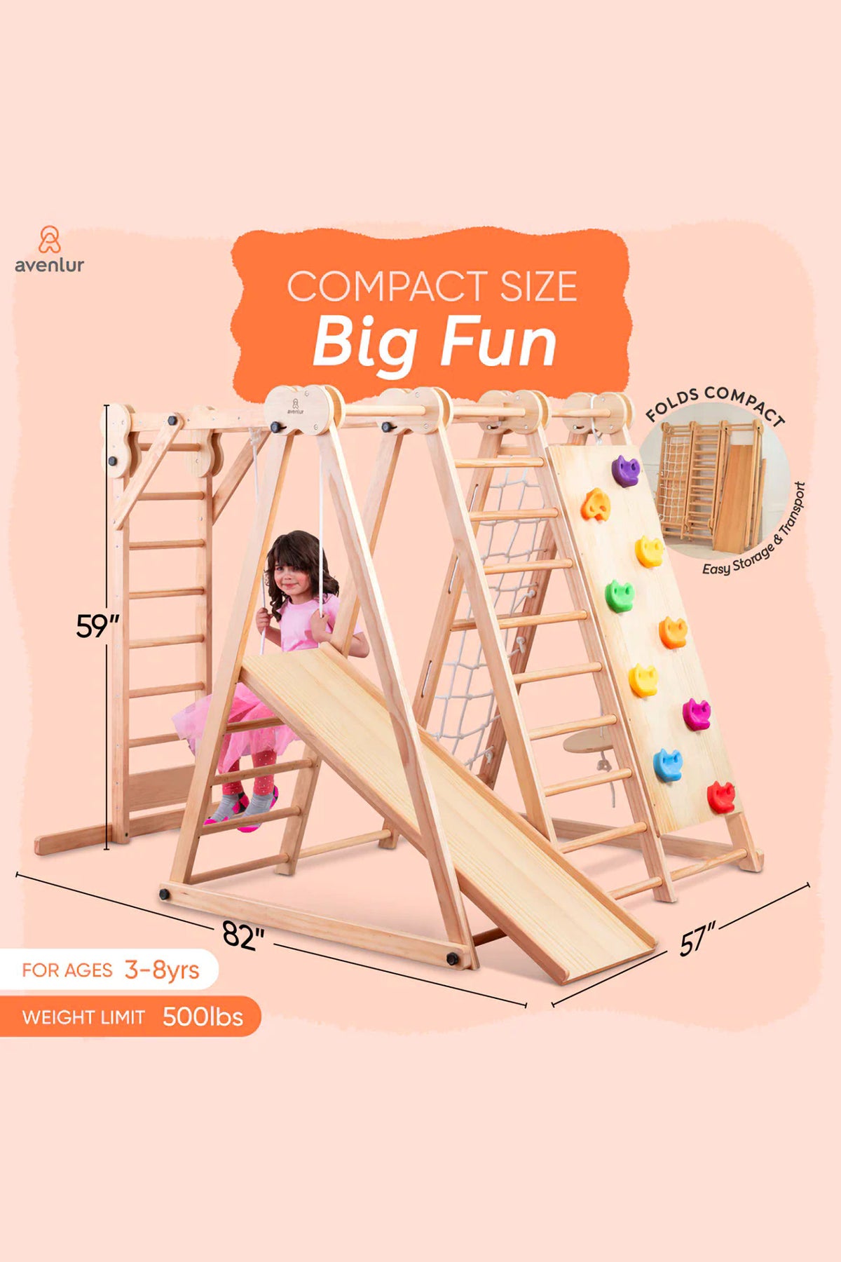Wooden jungle gym with slide, ladder, and climbing wall for toddlers, featuring compact foldable design for easy storage.