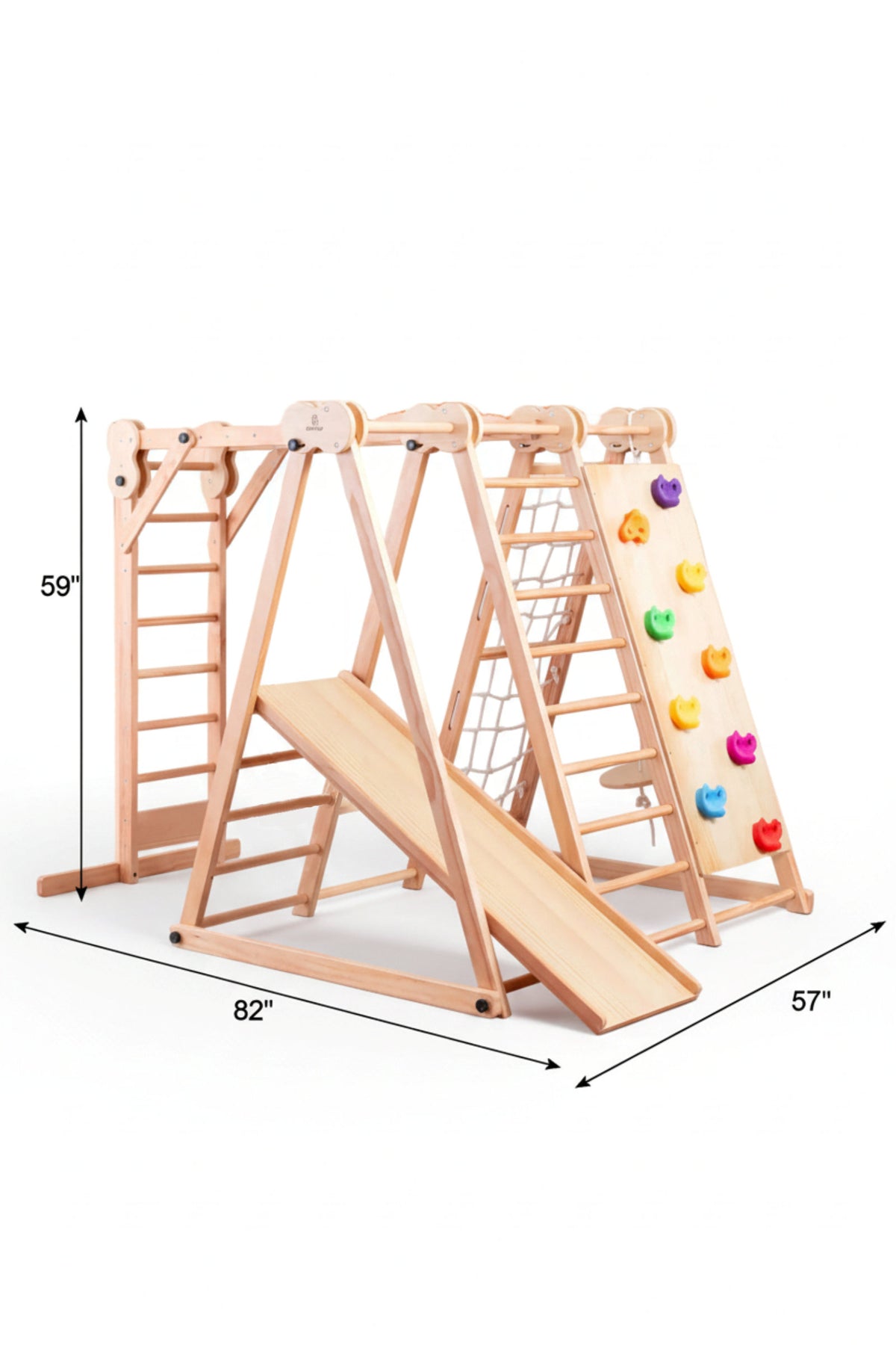 Wooden foldable jungle gym for toddlers with slide, climbing net, and colorful climbing holds, measuring 59x82x57.