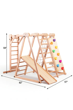 Wooden foldable jungle gym for toddlers with slide, climbing net, and colorful climbing holds, measuring 59x82x57.