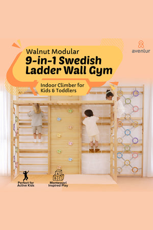Avenlur Walnut Modular 9-in-1 Swedish Ladder Wall Gym features a stylish wooden design, ideal for indoor play, with children engaging in climbing activities. Perfect for fostering active play and coordination.