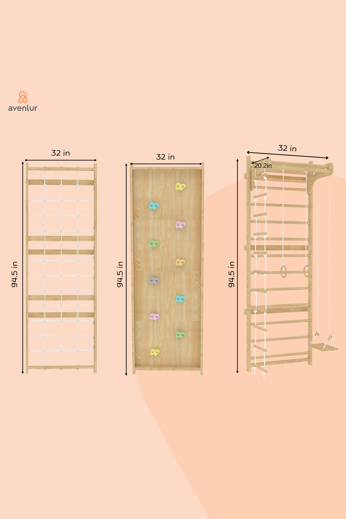 Avenlur Walnut Modular Swedish Ladder Jungle Gym features a natural wood finish with climbing holds, measuring 95.5 inches tall and 32 inches wide, designed for indoor play and strength development.