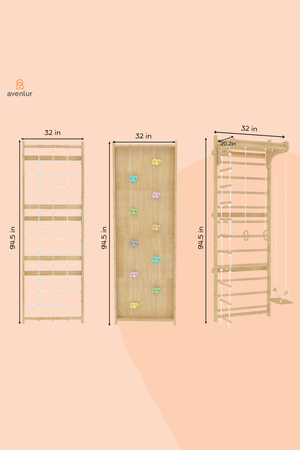 Avenlur Walnut Modular Swedish Ladder Jungle Gym features a natural wood finish with climbing holds, measuring 95.5 inches tall and 32 inches wide, designed for indoor play and strength development.