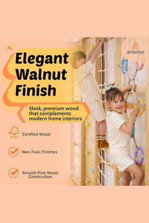 A child climbs on a walnut modular Swedish ladder jungle gym, showcasing its sleek design and vibrant climbing holds.