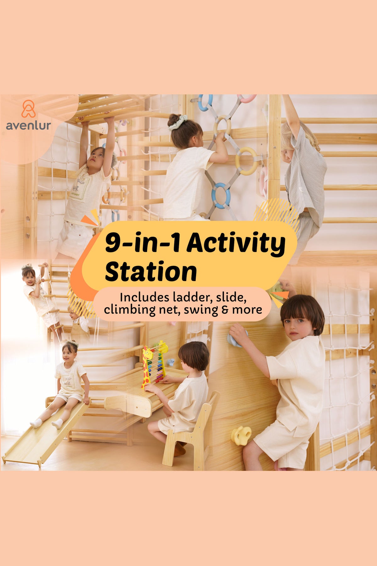 Avenlur 9-in-1 activity station featuring a wooden ladder, slide, climbing net, and swing. Children engage in playful activities, promoting physical development in a bright, indoor setting.