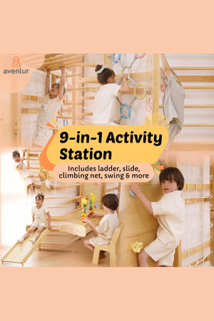 Avenlur 9-in-1 activity station featuring a wooden ladder, slide, climbing net, and swing. Children engage in playful activities, promoting physical development in a bright, indoor setting.